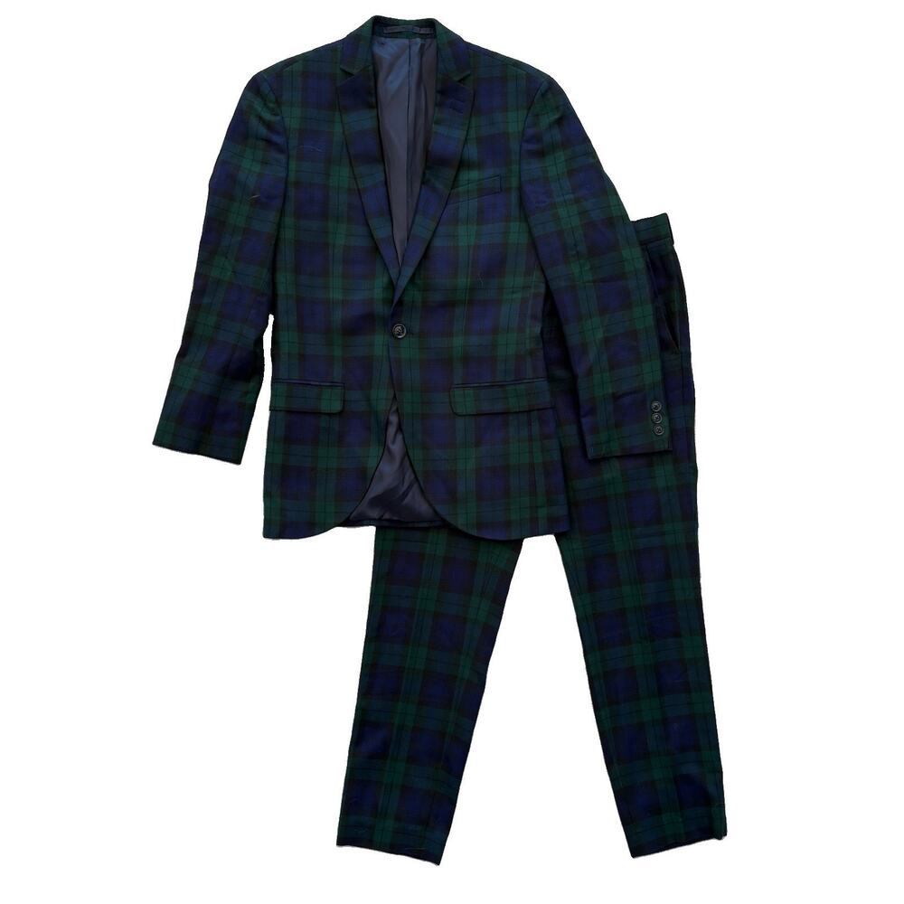 Topman 34R 2 Piece Plaid Tartan Suit Green Blue Dapper Classic Altered 27” Insea